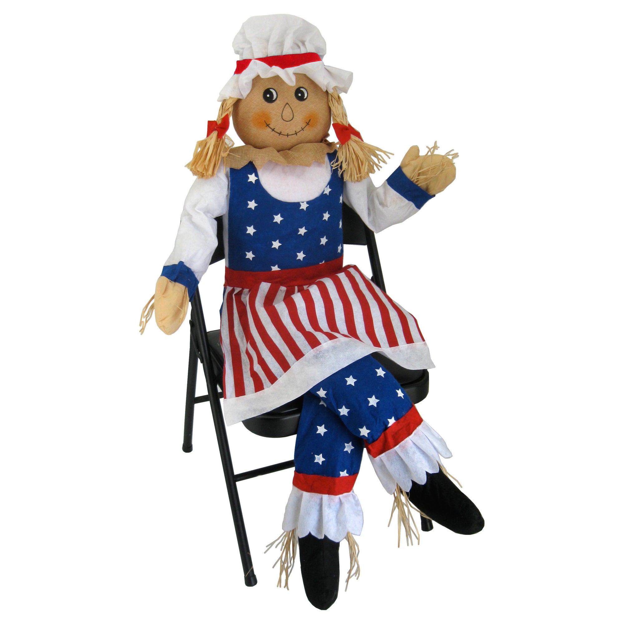 60" Large Sitting Scarecrow Mrs. Uncle Sam Patriotic Americana Fall Decoration